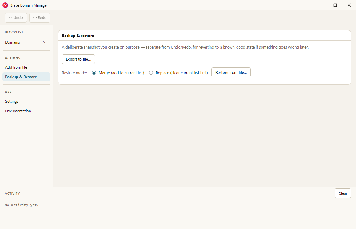 The Backup and Restore view, with an Export to file button and Merge/Replace restore mode radio buttons next to a Restore from file button.