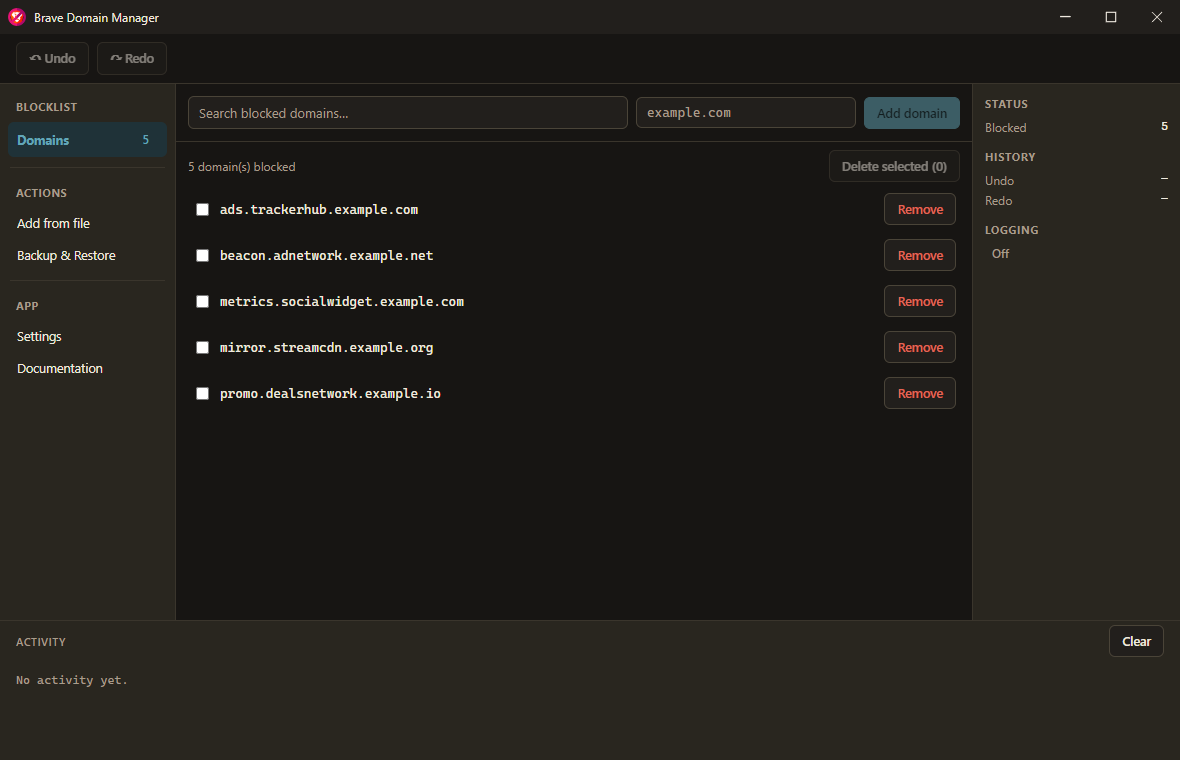 The same Domains view shown in dark theme, with a graphite background, cream text, and a teal accent color.