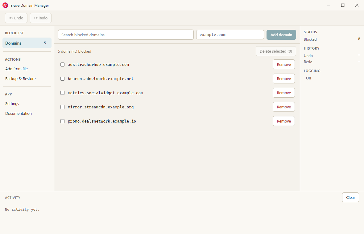 Brave Domain Manager showing five sample blocked domains in the Domains view, with the Undo/Redo toolbar, a search field, and a Status/History/Logging inspector panel on the right.
