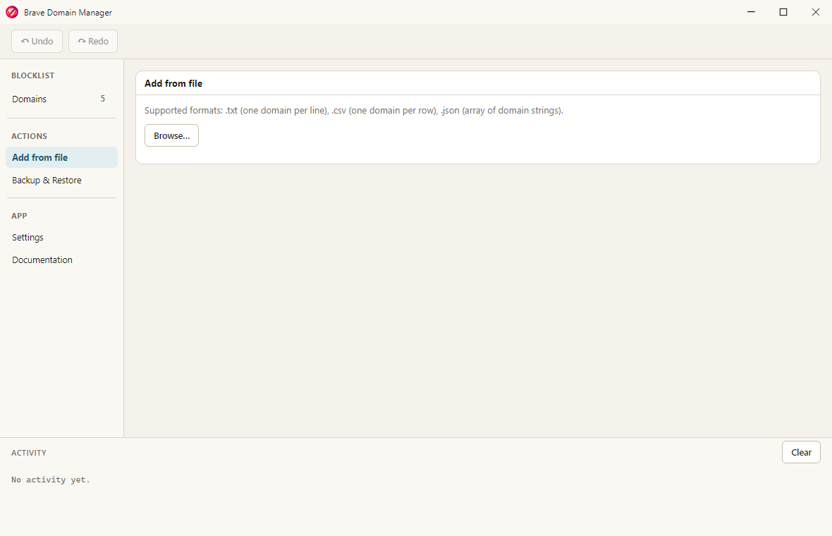 The Add from file view, with a Browse button and a note describing supported .txt, .csv, and .json formats.