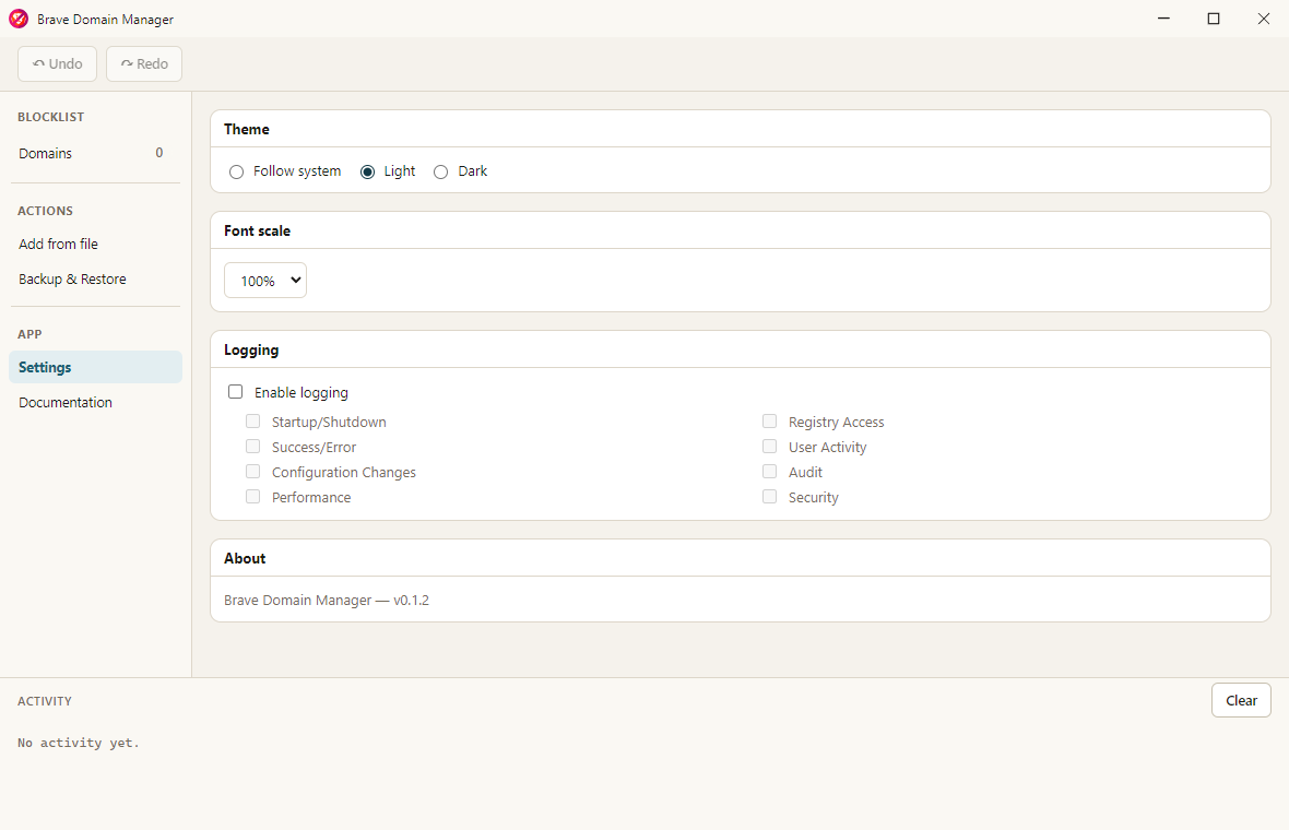 The Settings view, with Theme radio buttons (Follow system, Light, Dark), a Font scale dropdown, a Logging section with an Enable logging checkbox and eight category checkboxes, and an About card showing the installed version number.